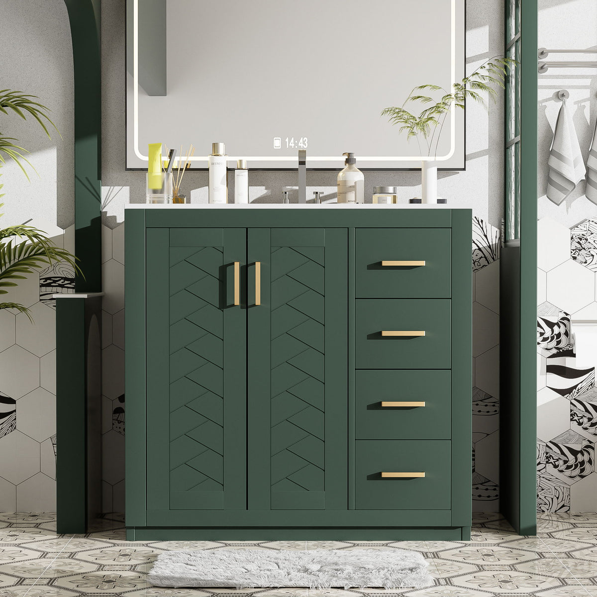 Dark green bathroom vanity cabinet with double panel doors and three drawers, gold pulls.