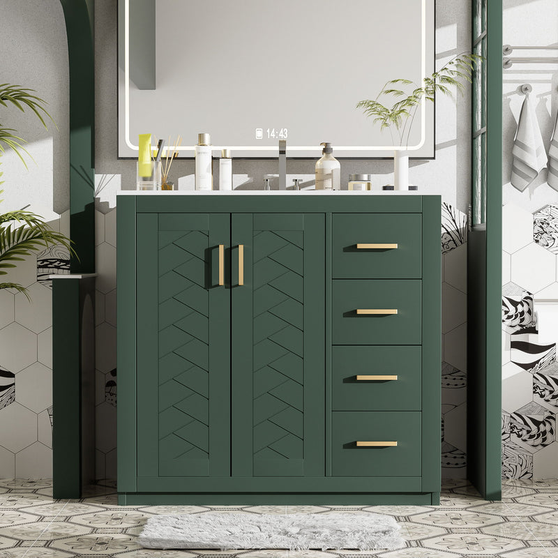 Dark green bathroom vanity cabinet with double panel doors and three drawers, gold pulls.