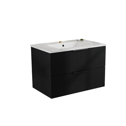 Black wall-mounted floating bathroom vanity with white sink and two drawer fronts