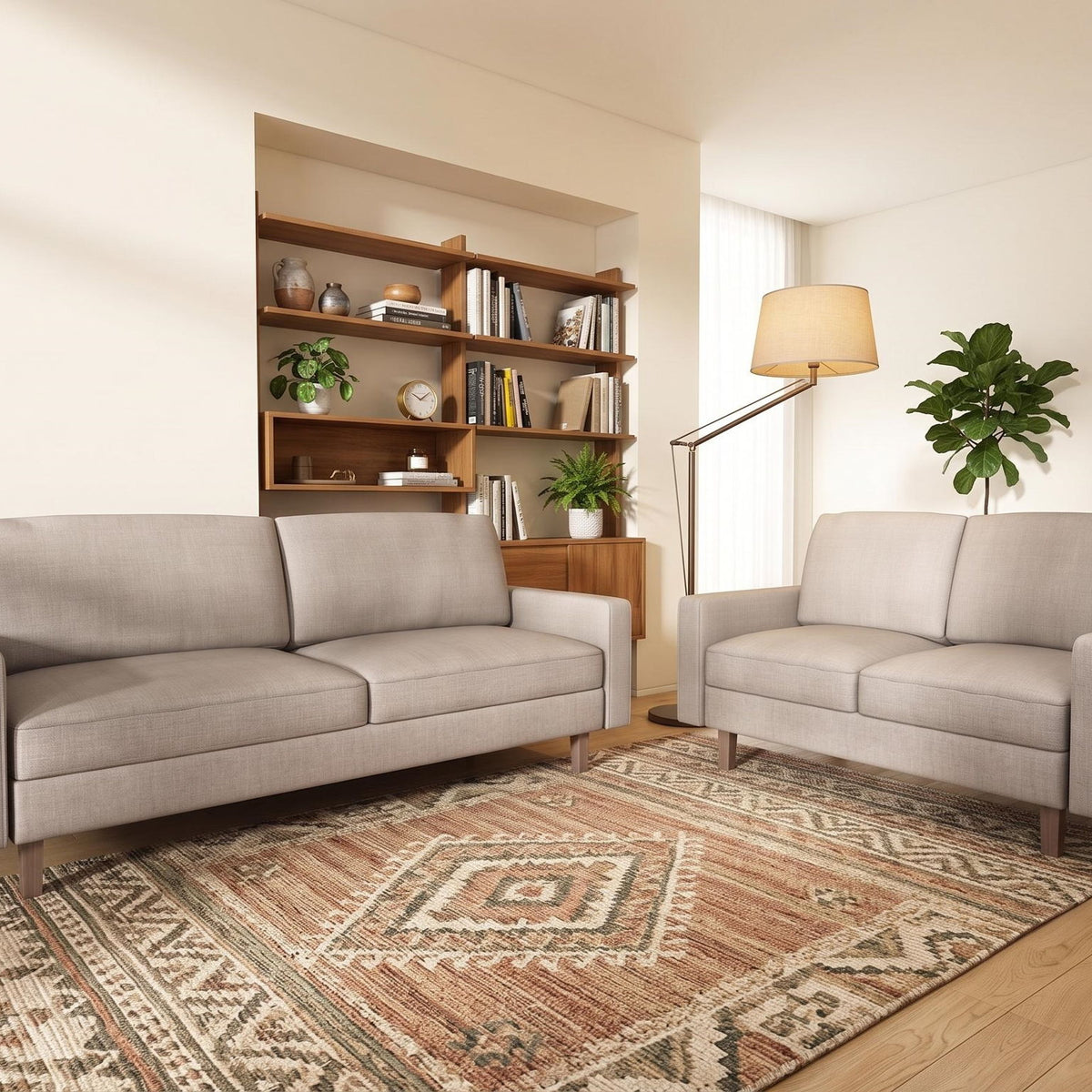 Light beige upholstered three-seat sofa with removable cushions and tapered wood legs