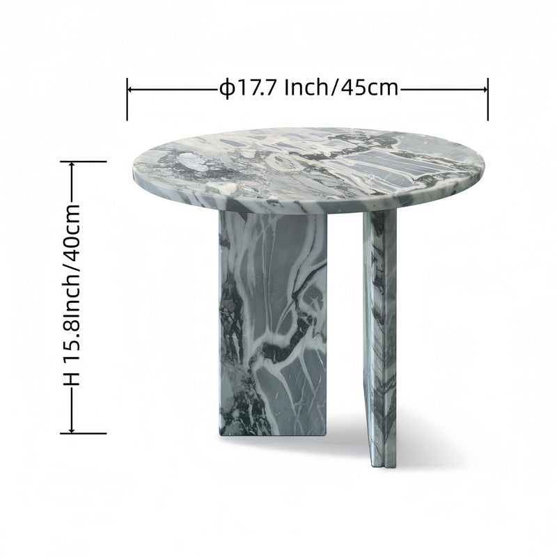 Round marble coffee table in dark gray with swirling gray veining on top and base.