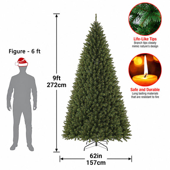 Dark green artificial Christmas tree product diagram with branch tips and metal stand