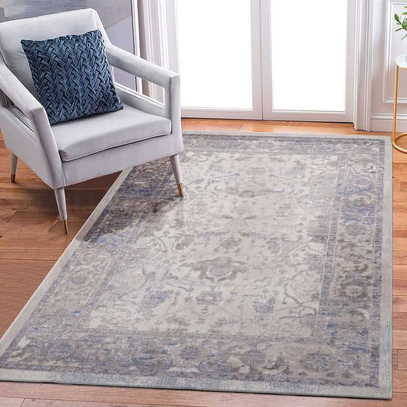 Traditional area rug, light blue and gray with beige vintage motif, rectangular 6x9.