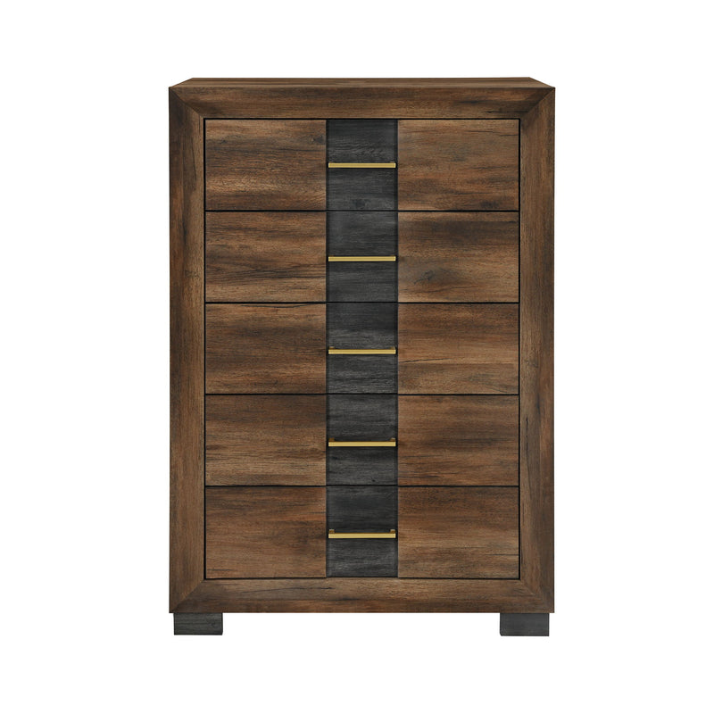 Wood chest of 5 drawers with black center stripe and gold bar handles, dark brown finish.