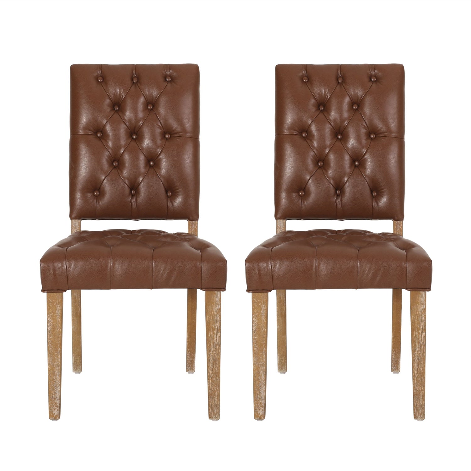 Sophisticated Dining Chair Set With Button Tufting - Light Brown / Weathered Wood