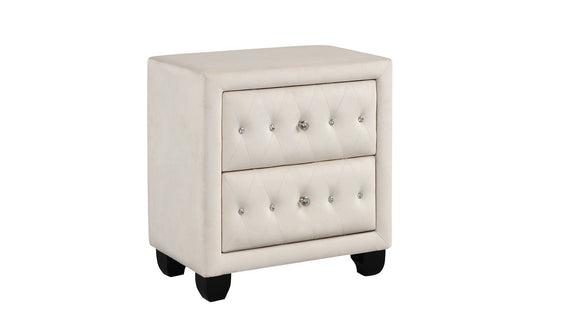 Beige upholstered 2-drawer nightstand with tufted drawer fronts and round knob pulls