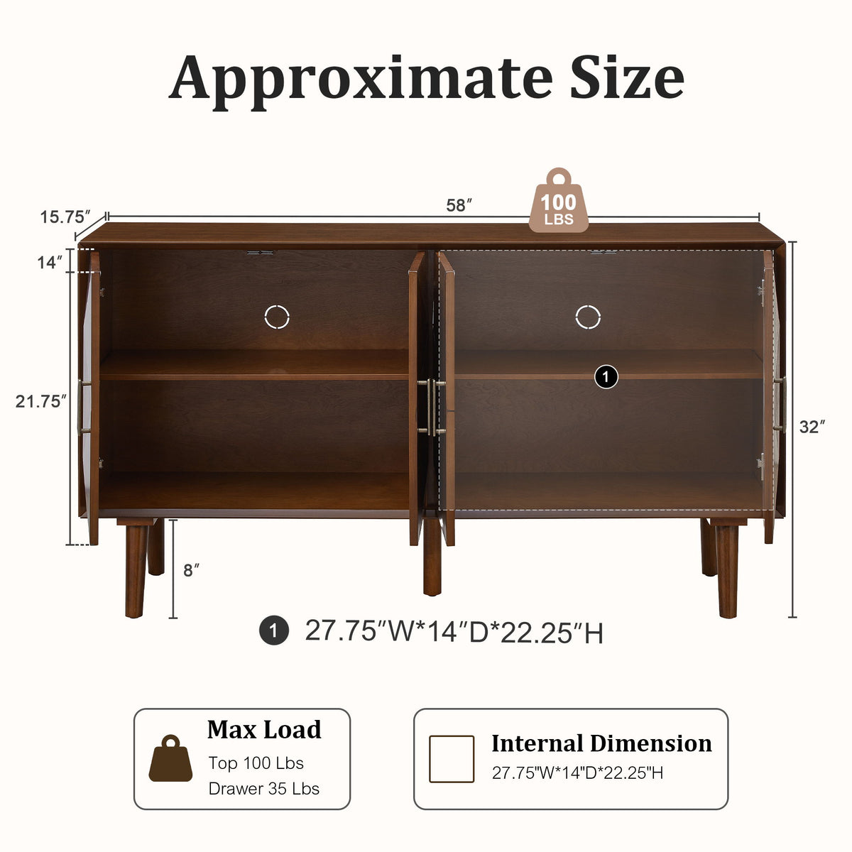 Walnut sideboard shown open, revealing shelves and interior dimensions