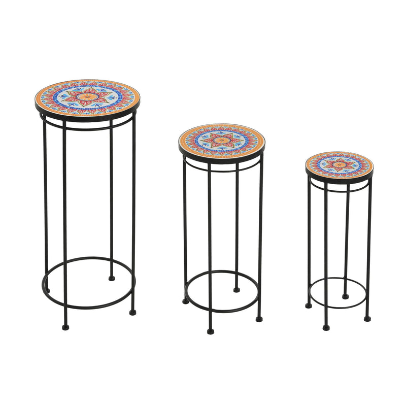 Set of 3 black metal plant stands with round mosaic tops in blue, orange, and red