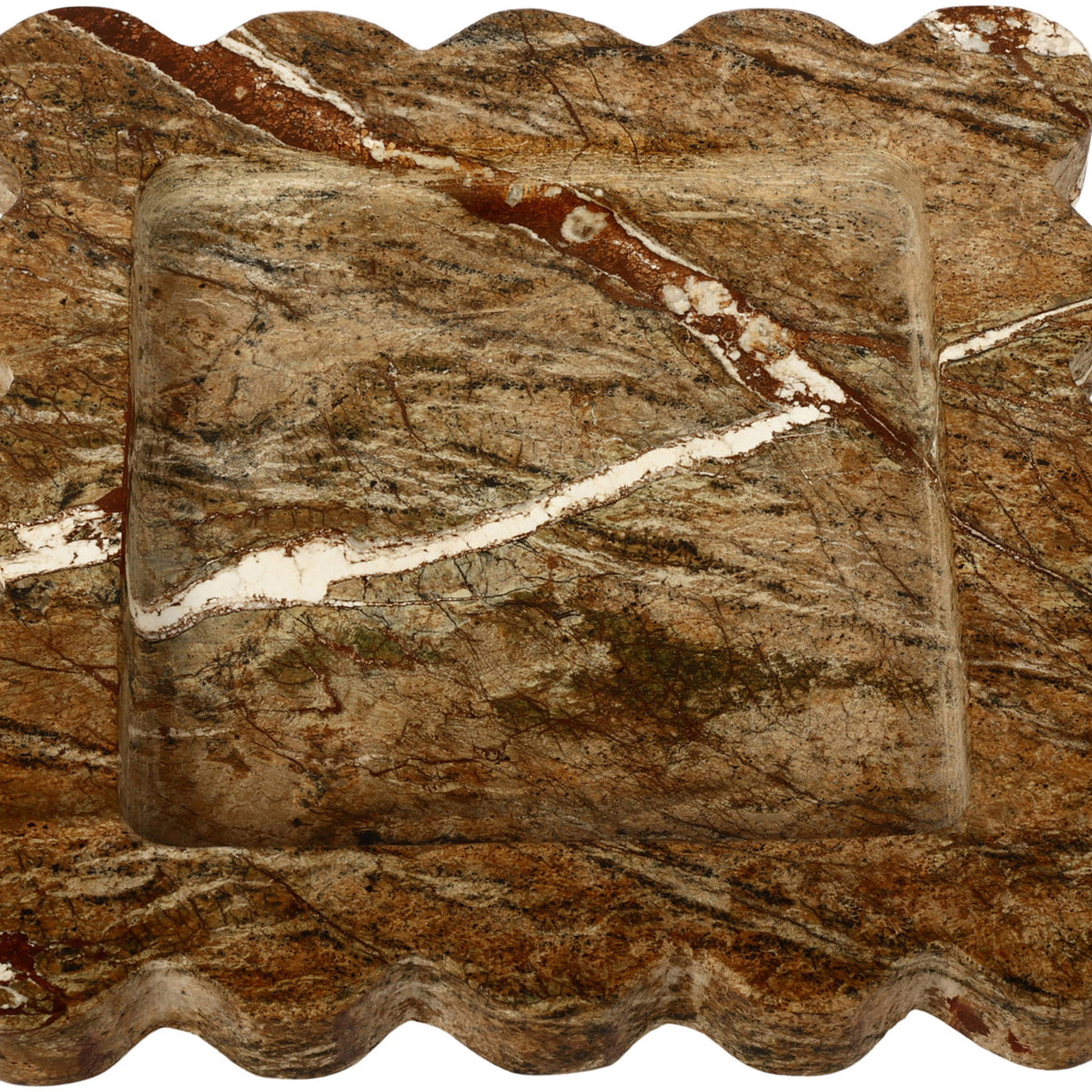 Genuine marble tray, light brown with white veining and scalloped edges