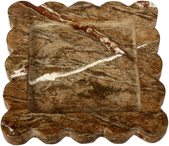 Genuine marble tray, light brown with white veining and scalloped edges