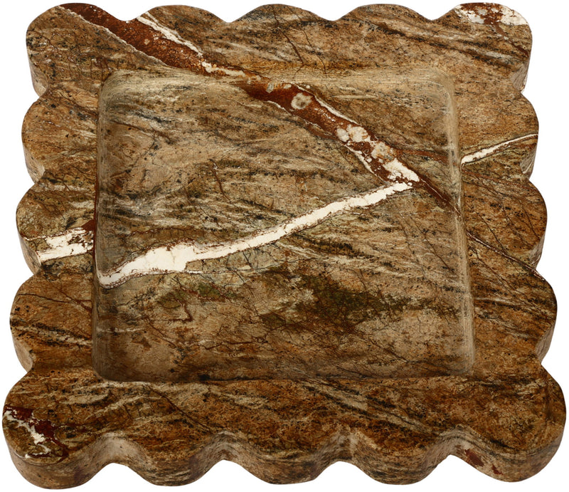 Genuine marble tray, light brown with white veining and scalloped edges
