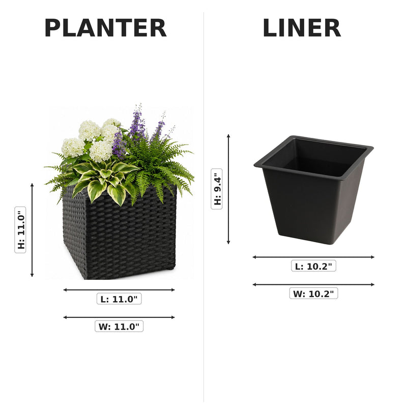 Black woven planter and tapered liner shown separately with dimensions.