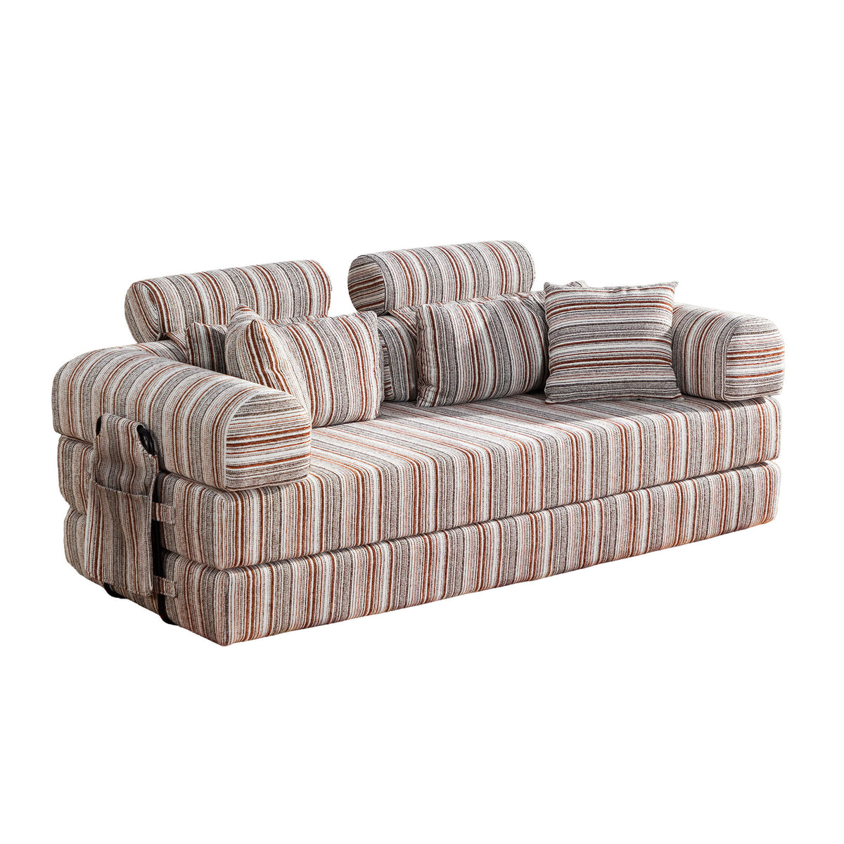 Multicolor striped sleeper sofa bed with rolled arms and 3 back pillows
