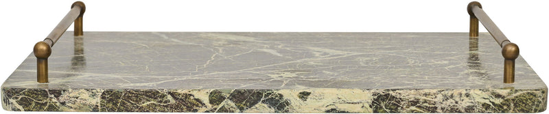 Light beige marble serving tray with brass corner handles and raised edges.