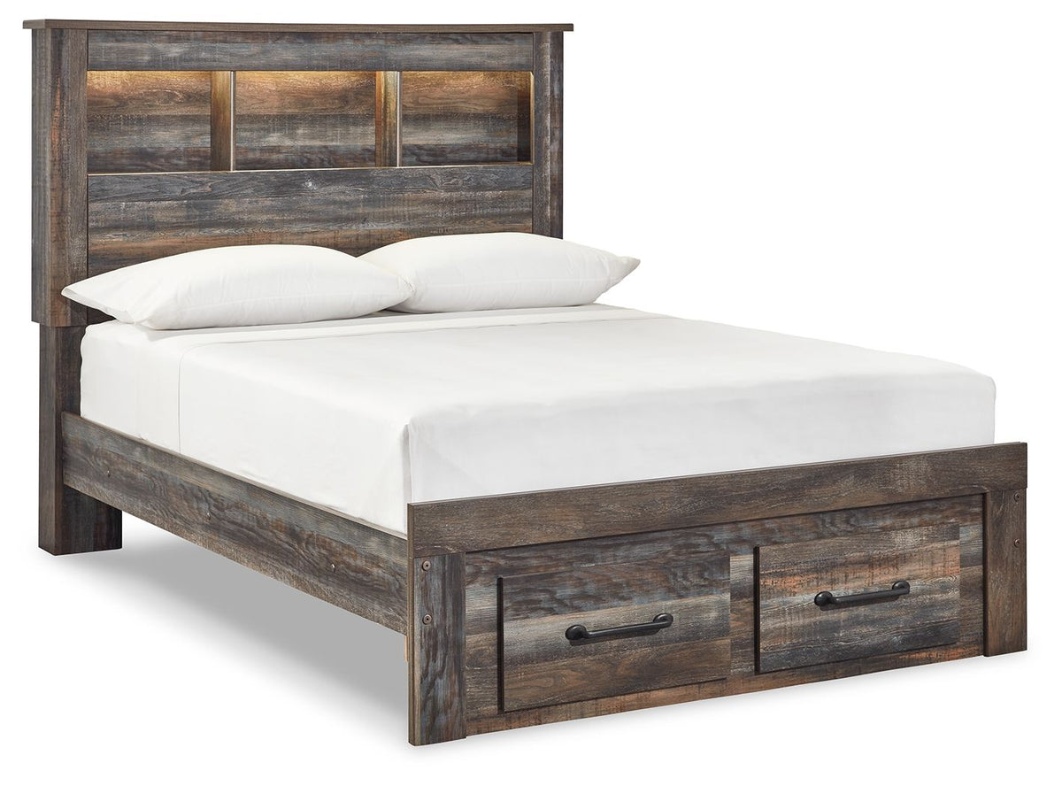 Panel bookcase bed with bookcase headboard and two drawers, dark wood, white mattress and pillows