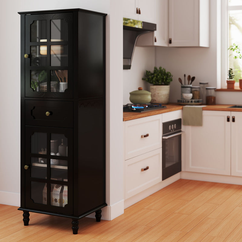 Black curio cabinet with glass grid doors and center drawer, shown stocked beside kitchen cabinets