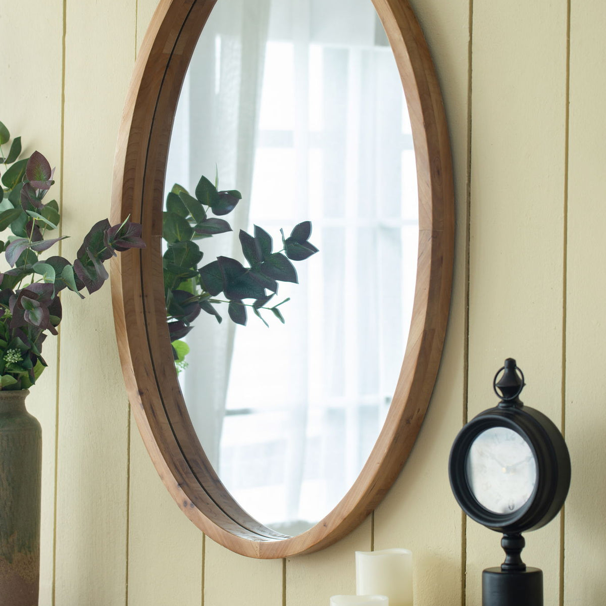 Oval Wall Mirror With Wood Frame, Farmhouse Wood Mirror For Bathroom Entryway Console Lean Against Wall - Brown