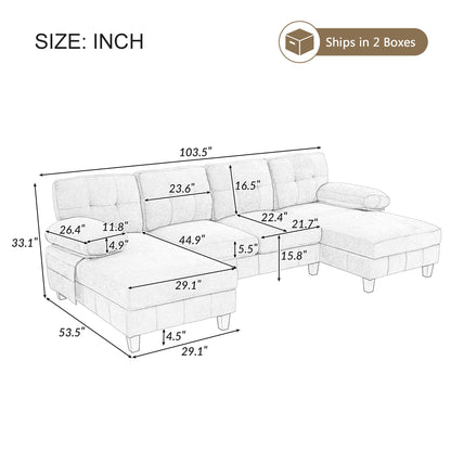 Modern U-Shaped Sectional Sofa With Dual Chaise Lounges, Storage Pockets And Armrest Pillows, Yellow Chenille Fabric, 103.5"