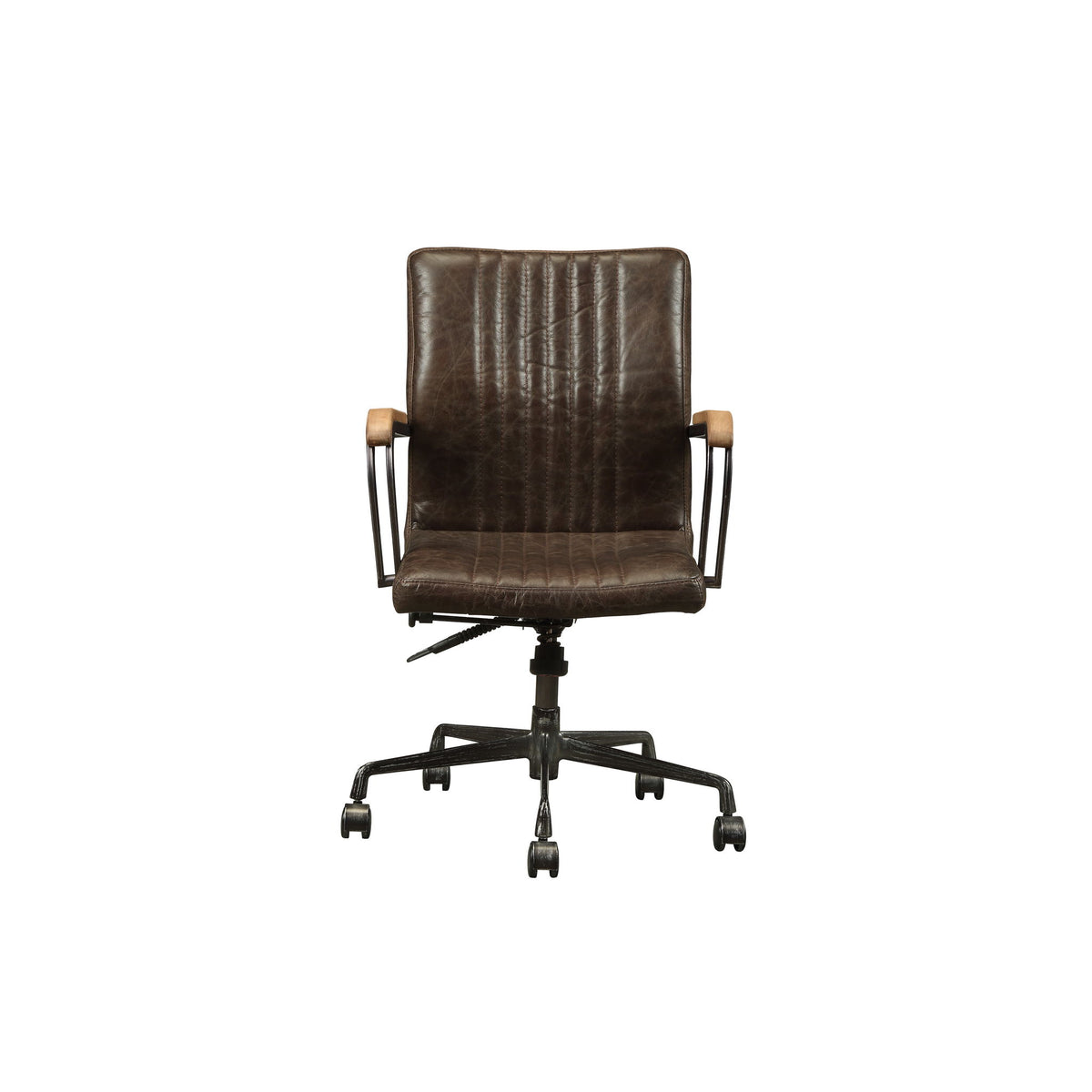 Chocolate-brown office chair with padded backrest, armrests, adjustable height, rolling base