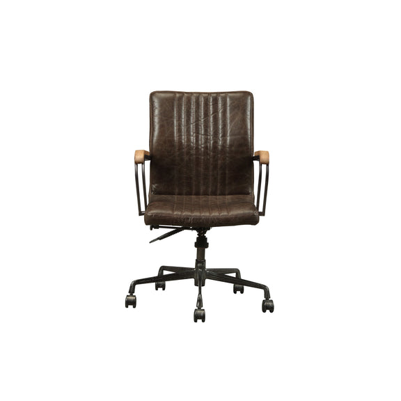 Chocolate-brown office chair with padded backrest, armrests, adjustable height, rolling base