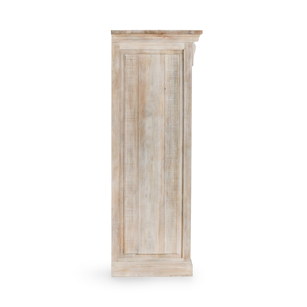 Tall 6-drawer chest side view in natural cream wash wood with corner molding