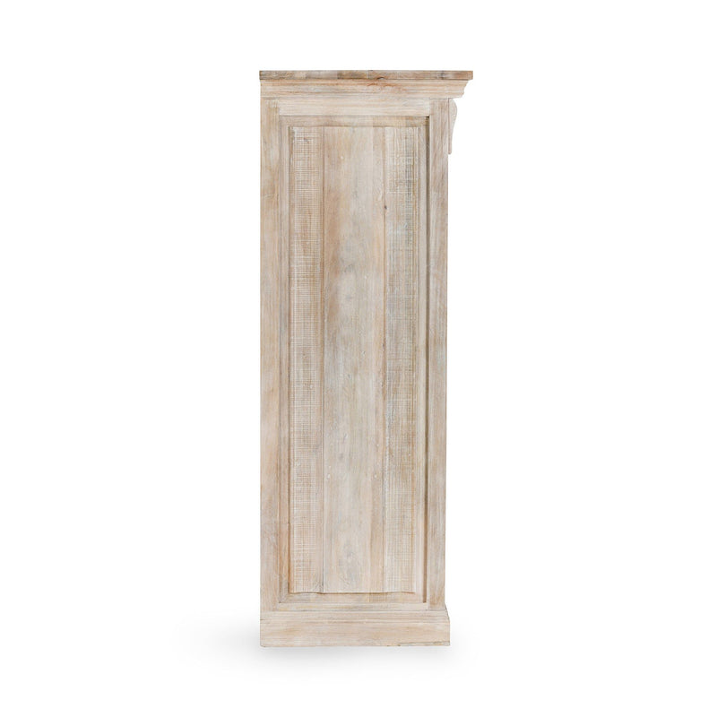 Tall 6-drawer chest side view in natural cream wash wood with corner molding