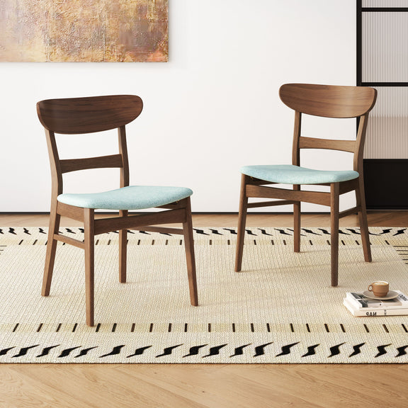 Dark wood dining chair with teal cushioned seat and curved backrest
