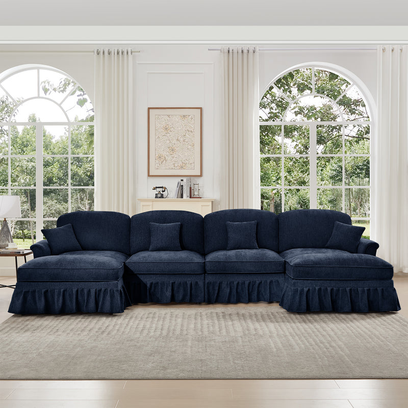 4-Seater Modular U-Shaped Chenille Sectional Sofa - Blue Chenille