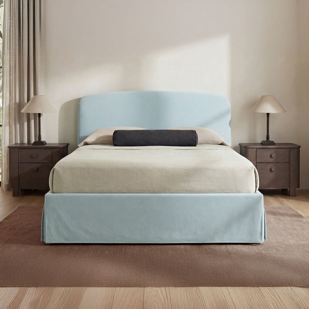 Light blue queen storage bed with upholstered headboard and low platform base