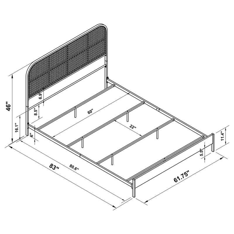 Bed frame dimension diagram in black metal with tan woven headboard and overall size labels.