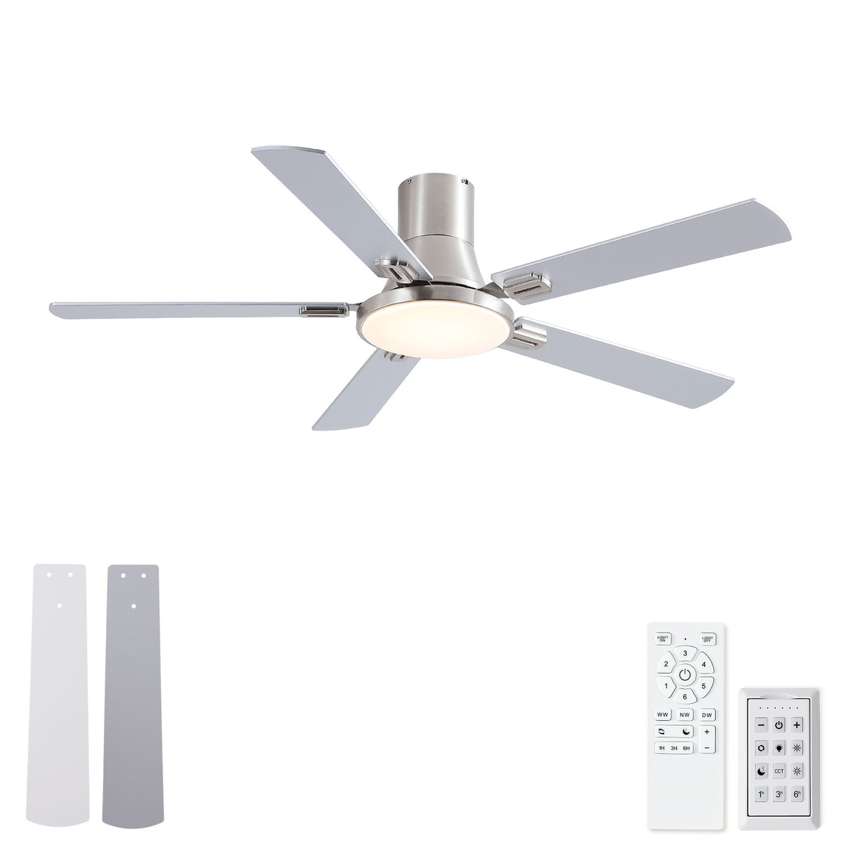 Pearl silver flush-mount ceiling fan with LED light and five blades
