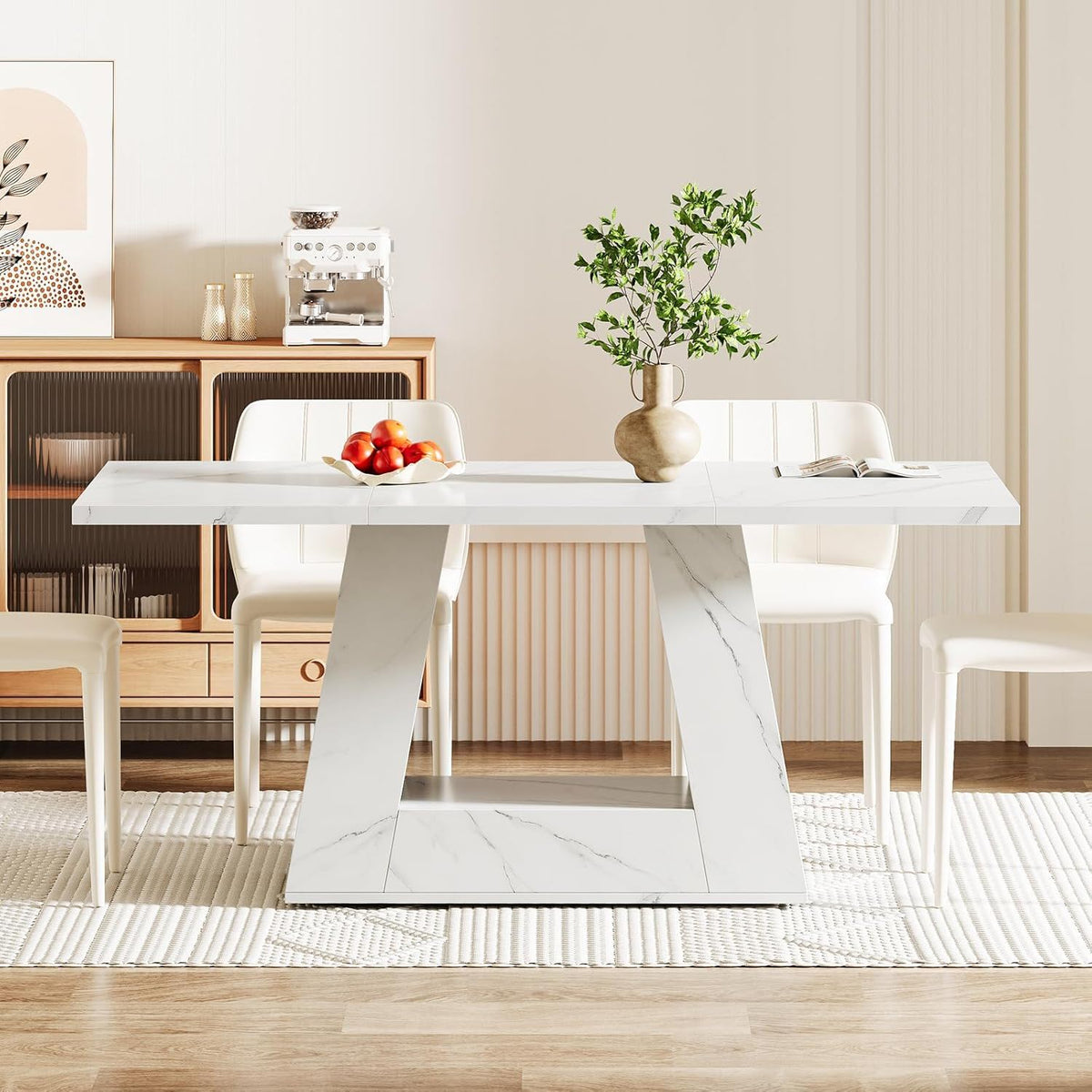 Dining Table For 4 To 6 People, With Trapezoid Base For Dining Room - White