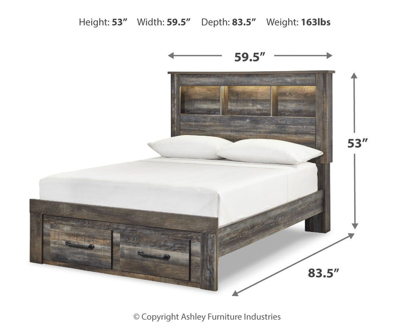 Panel bookcase bed in dark wood with two drawers, white mattress, open cubby headboard
