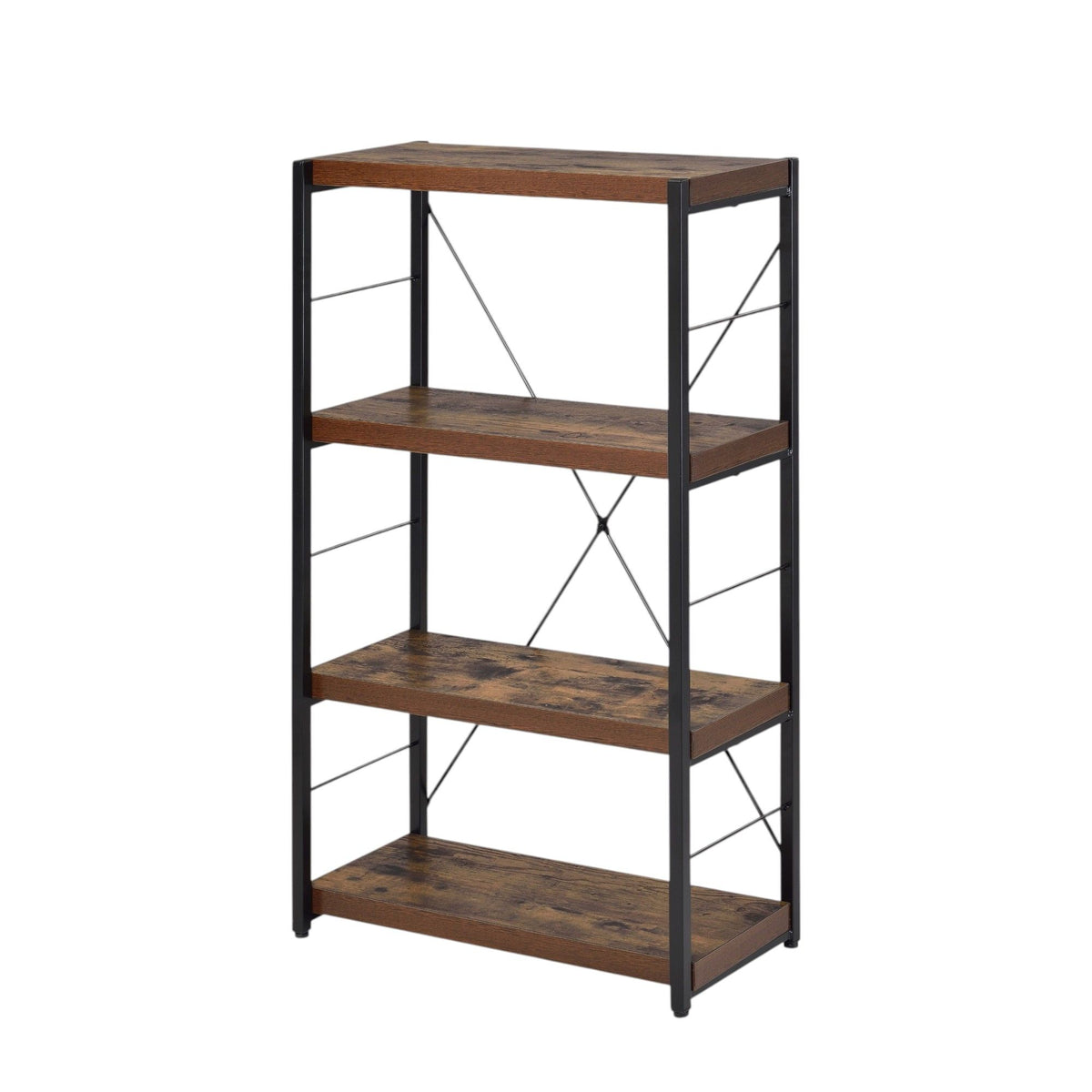 4-tier weathered oak and black metal bookshelf with open shelves and cross braces