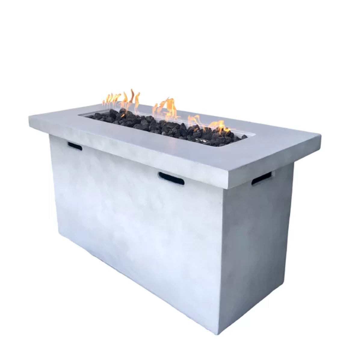 Light gray propane fire pit table with black burner pan, glowing flames, and side handles