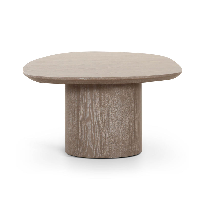 Washed ash oblong coffee table with smooth rounded tabletop and central pedestal base