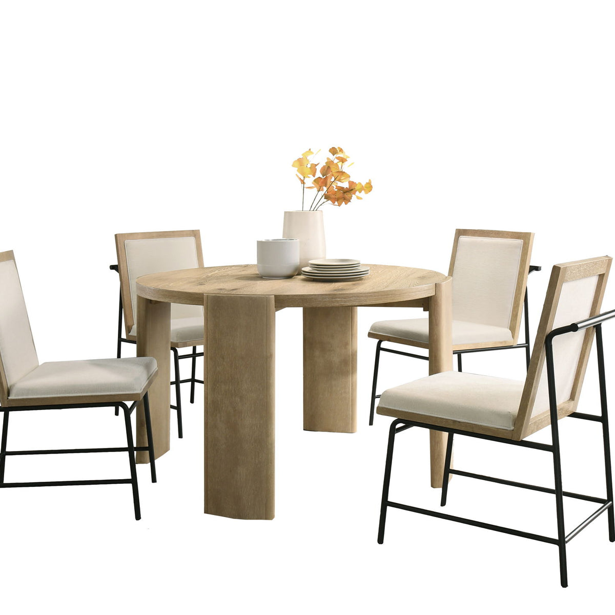 Bowen - Round Dining Table With Cream Color Upholstered Chairs (Set of 5) - Oak Finish