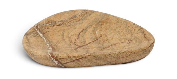 Light brown marble bowl with shallow dish form and dark natural veining.