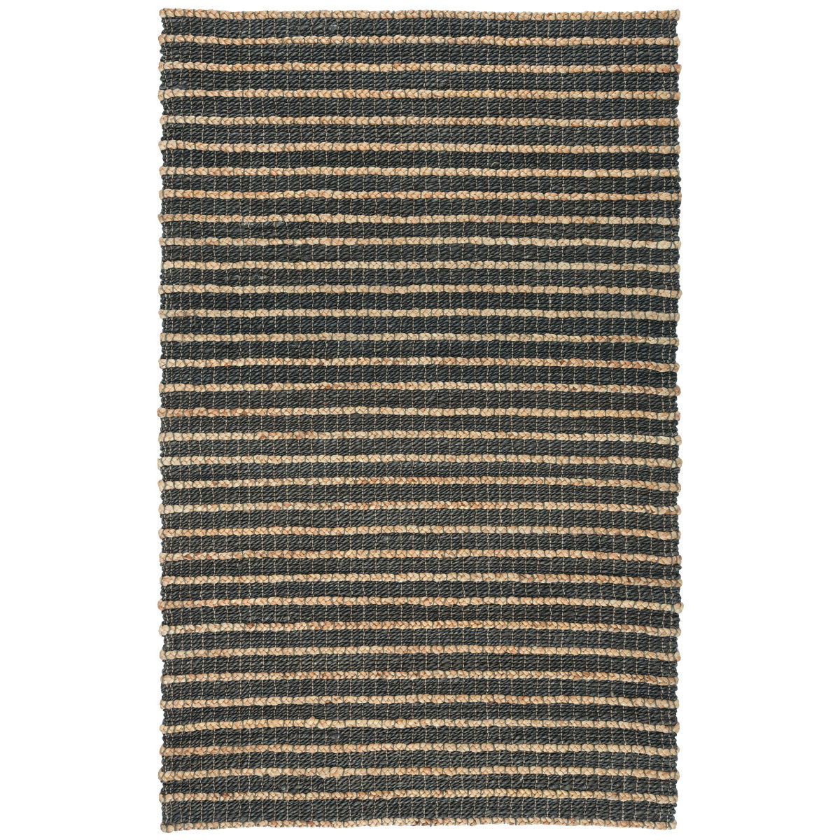 Natural fiber striped rug in dark blue and beige with fringed border