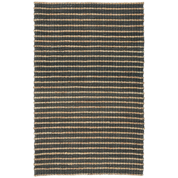 Natural fiber striped rug in dark blue and beige with fringed border