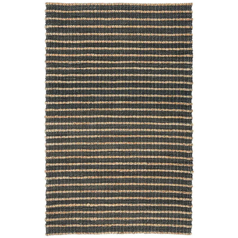 Natural fiber striped rug in dark blue and beige with fringed border