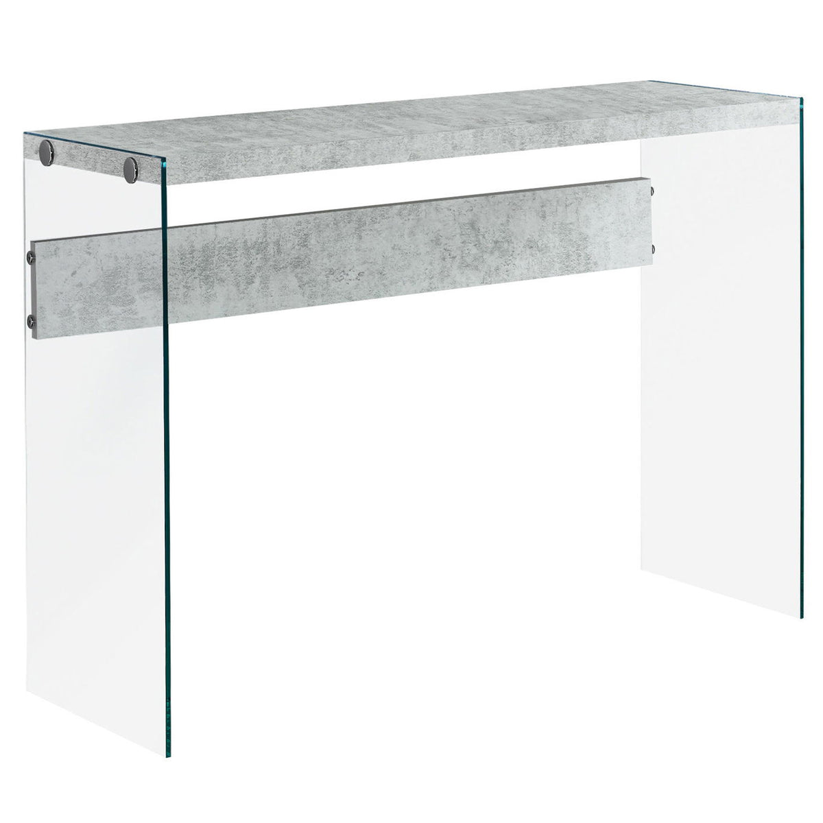 Console table with gray glossy top, glass legs, and open under-shelf