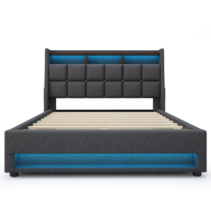 Dark gray upholstered platform bed with hydraulic lift storage and blue LED trim