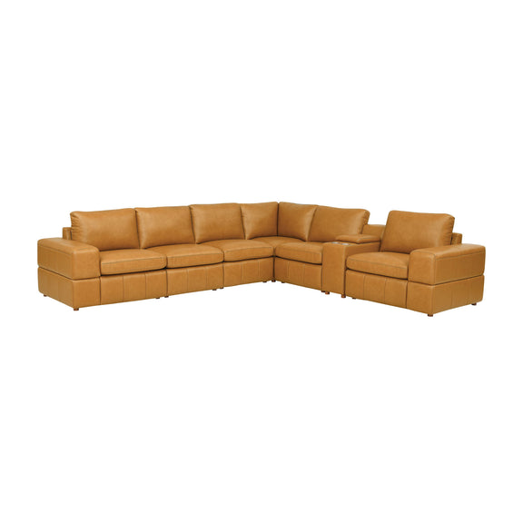Modular U-shaped sectional sofa with large square arms, light brown upholstery and tufted cushions.