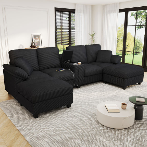 U-shaped sectional sofa with storage ottomans, black upholstery, padded armrests and cushions