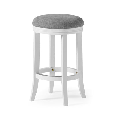 Backless swivel counter stool with upholstered gray seat and white wood frame