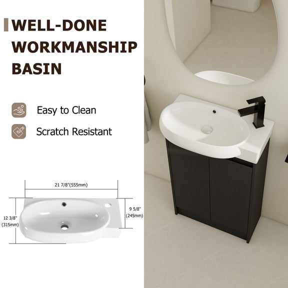 Bathroom vanity with white sink and dark cabinet with soft-close doors