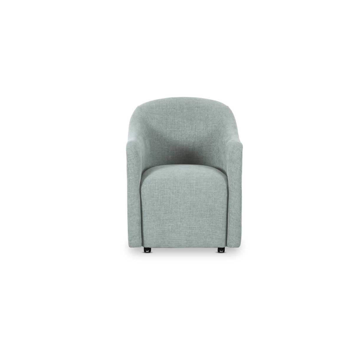 Upholstered rolling dining chair in light blue fabric, rounded back, caster wheels
