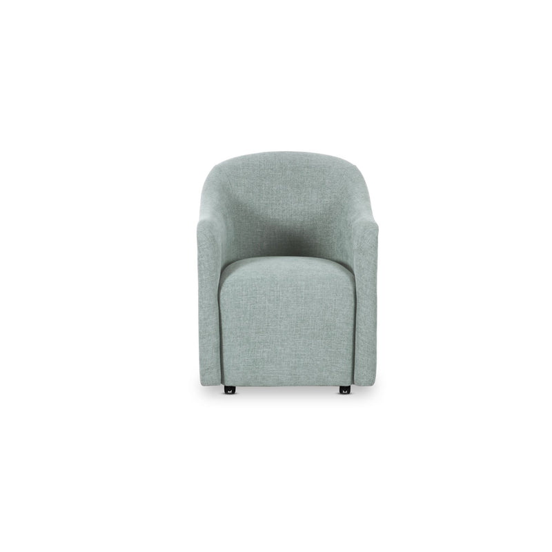 Upholstered rolling dining chair in light blue fabric, rounded back, caster wheels