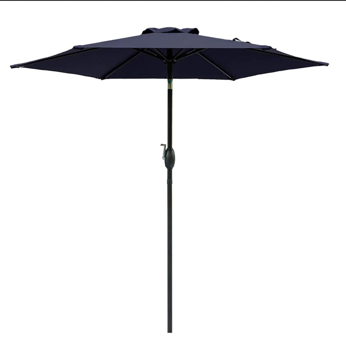 Dark blue patio umbrella with crank lift and tilt, UV-resistant canopy and center pole